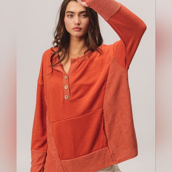 BiBi French Terry Knit Cozy Henley Long Sleeve Thumbhole Top Sz XL - Picture 7 of 11